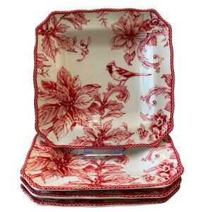 222 Fifth CHRISTMAS LANE Square Salad Plates 8.5in Cardinal Red Set of 4 New